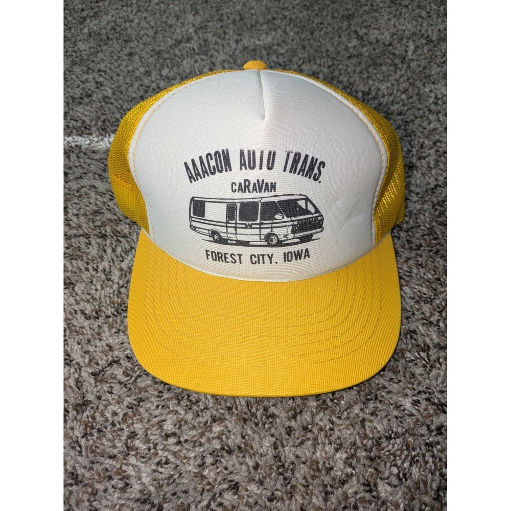 Yellow Forest City Iowa Snap Back Hat‎ Mesh Back Trucker Hat Caravan YoungAn Vtg